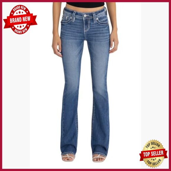 Mid Rise Bootcut Jeans with Rhinestone Embellishments and Faux Flap Pockets - Picture 2 of 4